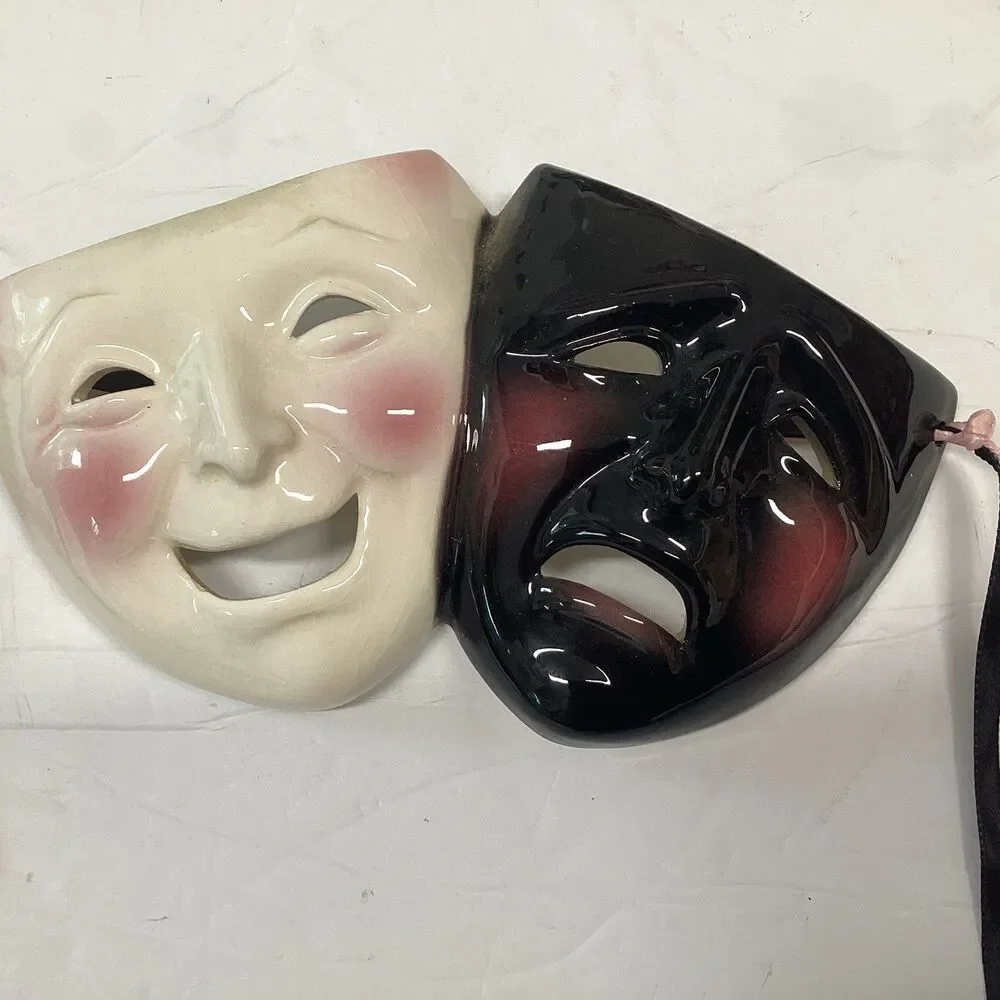 vtg clay art mask classic comedy tragedy faces 1992 glossy hanging ribbons
